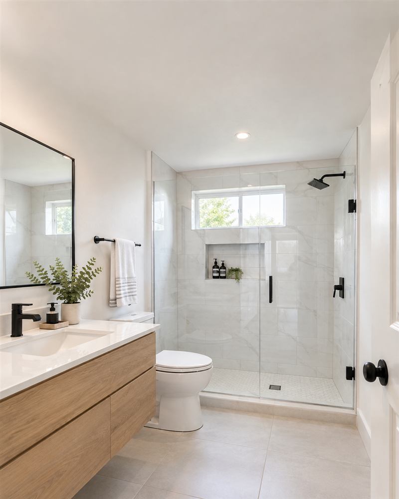 Remodeled bathroom with walk-in shower